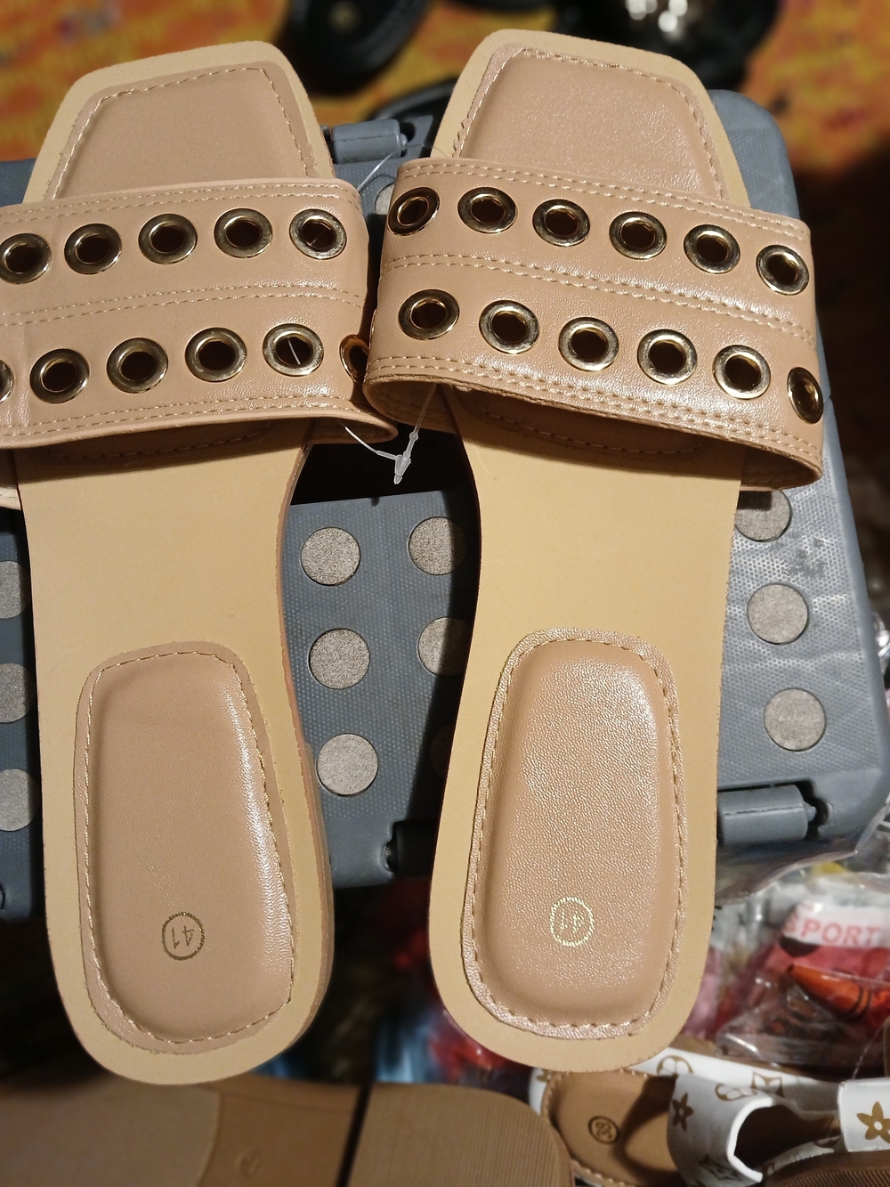& Other Stories Tan Slide Sandals with Gold Grommet Detail